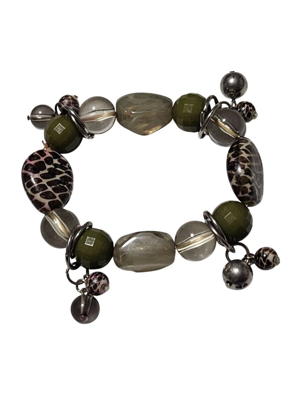 Boho Chic Chunky Beaded Bracelet Green Animal Print Accents Stretch Jewelry